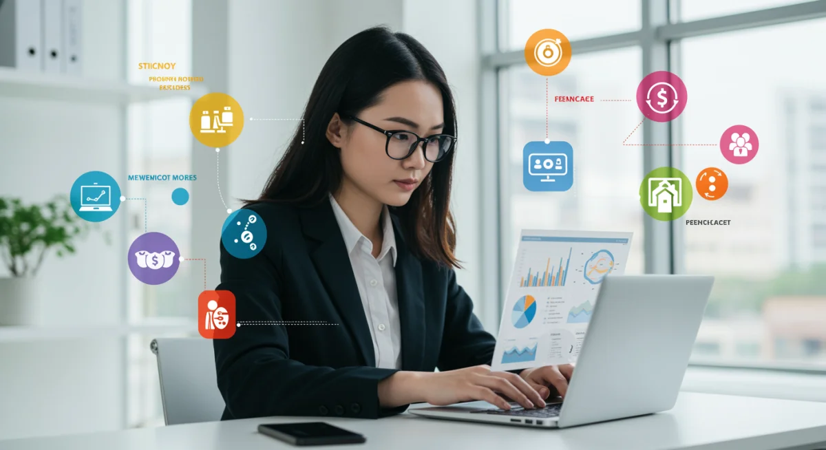 Profissional analisando dados de mercado de trabalho em um notebook, com ícones de setores em ascensão.