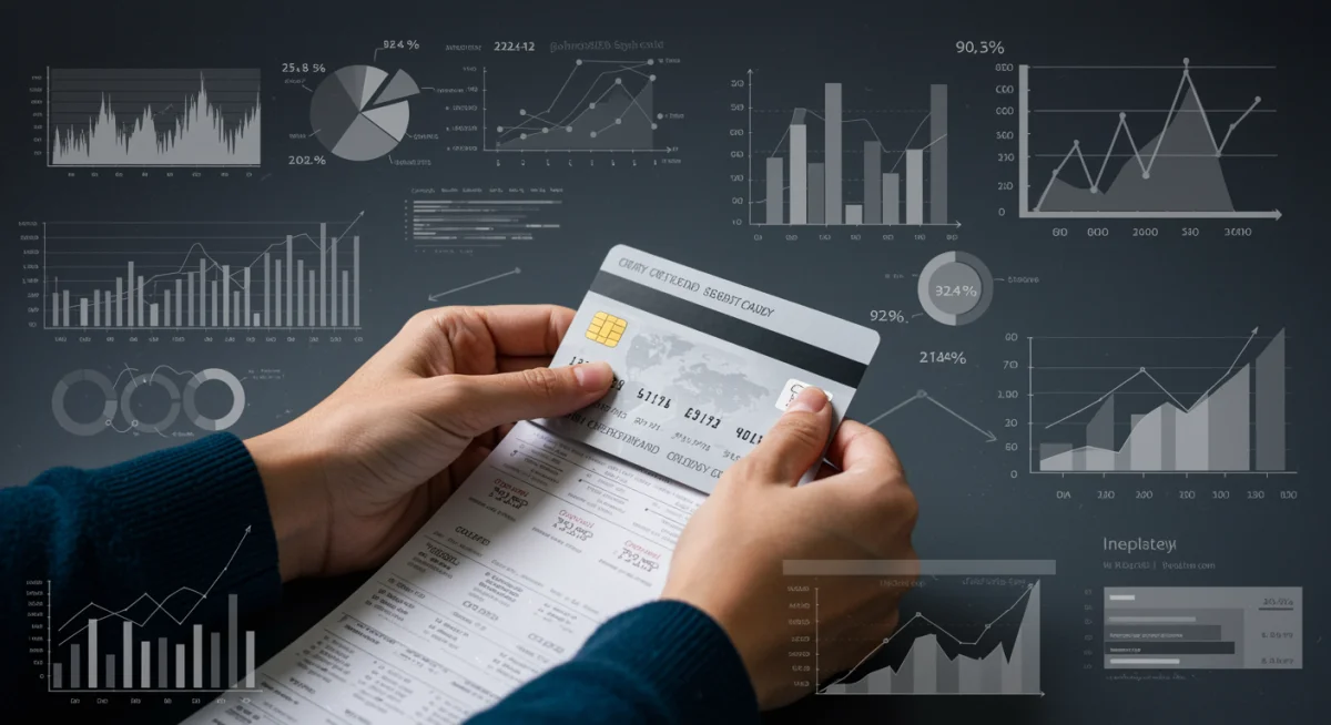 Pessoa analisando cuidadosamente a fatura do cartão de crédito com gráficos financeiros ao fundo.