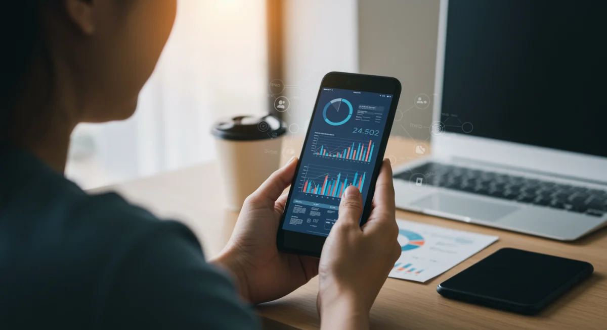 Pessoa analisando gráficos financeiros em smartphone, adaptando-se às novas regras de cartão de crédito.