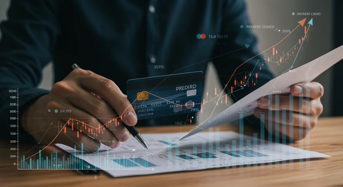 Pessoa analisando gráficos financeiros e planilhas, representando a complexidade das decisões sobre parcelamento de faturas.