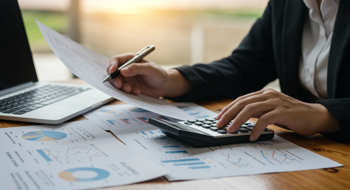 Pessoa analisando documentos financeiros e calculadora, com gráficos ao fundo.