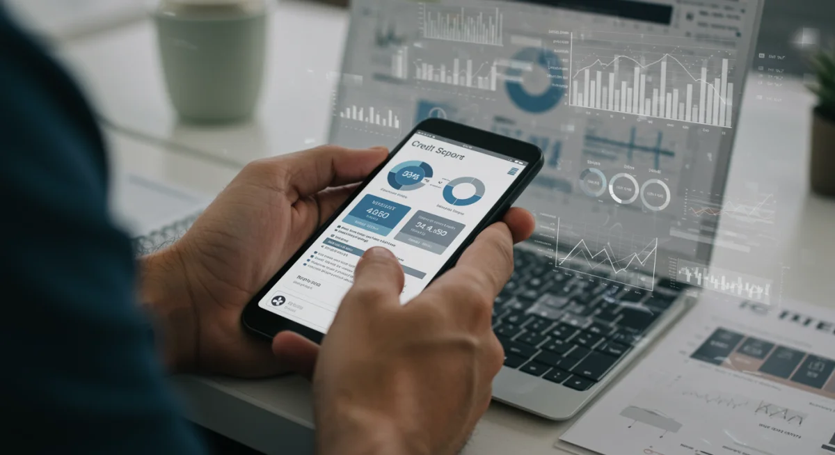 Pessoa analisando relatório de score de crédito em smartphone, com gráficos financeiros ao fundo, simbolizando a gestão da saúde financeira.