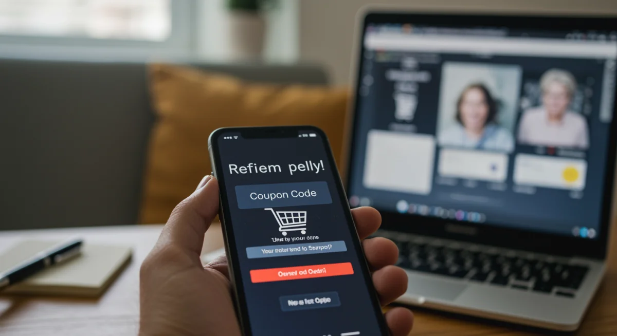 Tela de celular exibindo um cupom de desconto sendo aplicado em um carrinho de compras virtual.