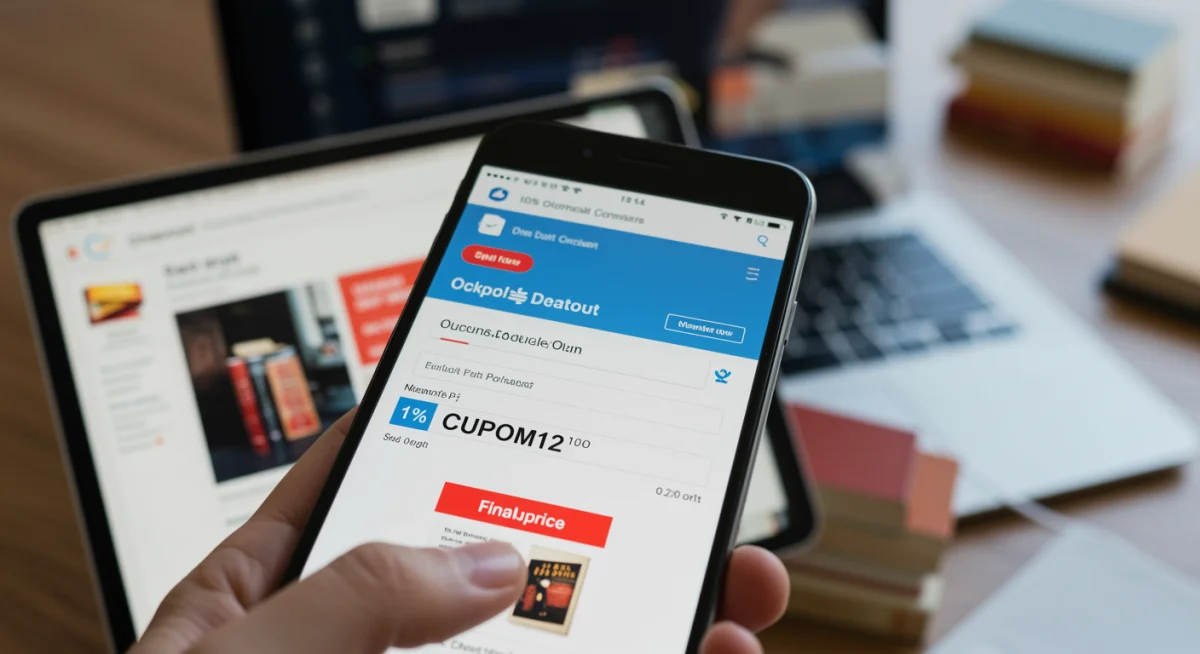 Tela de smartphone mostrando cupom de 12% de desconto aplicado em compra de livro online.