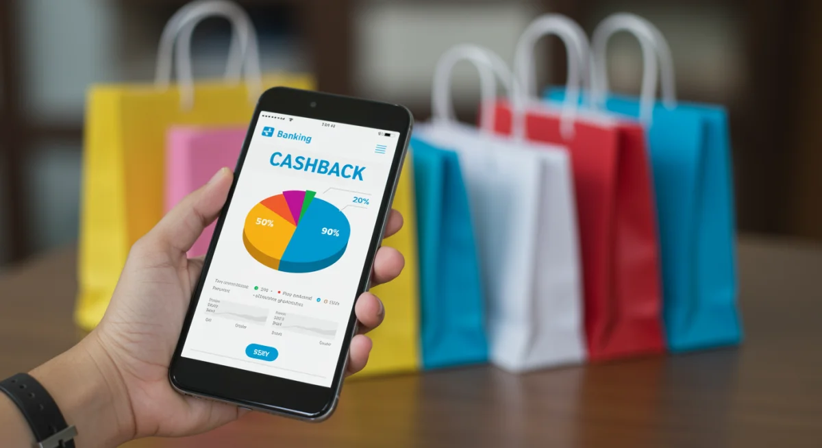 Pessoa segurando smartphone com aplicativo bancário exibindo ganhos de cashback, com sacolas de compras desfocadas ao fundo.