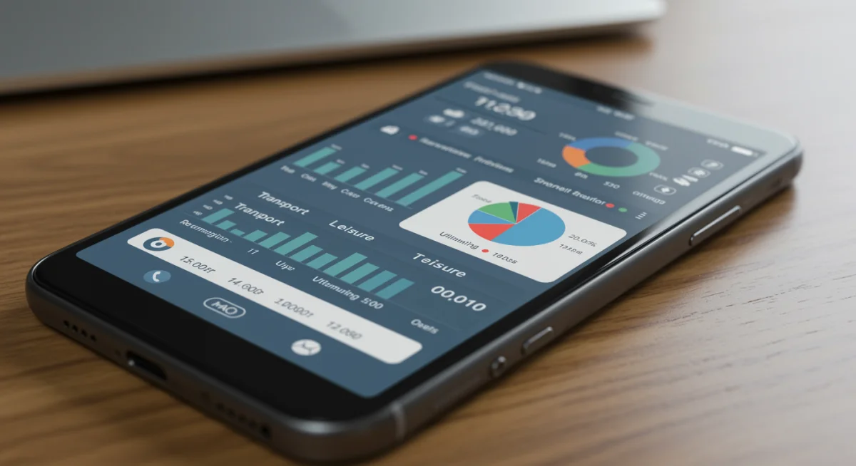 Tela de smartphone exibindo aplicativo de finanças com categorias de gastos e orçamentos.