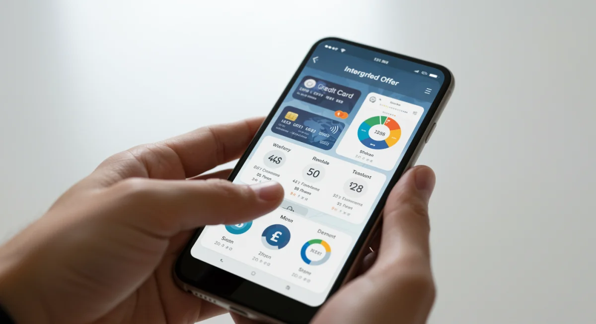 Tela de smartphone com aplicativo de gestão financeira exibindo dados de cartões de crédito e ofertas personalizadas do Open Finance.