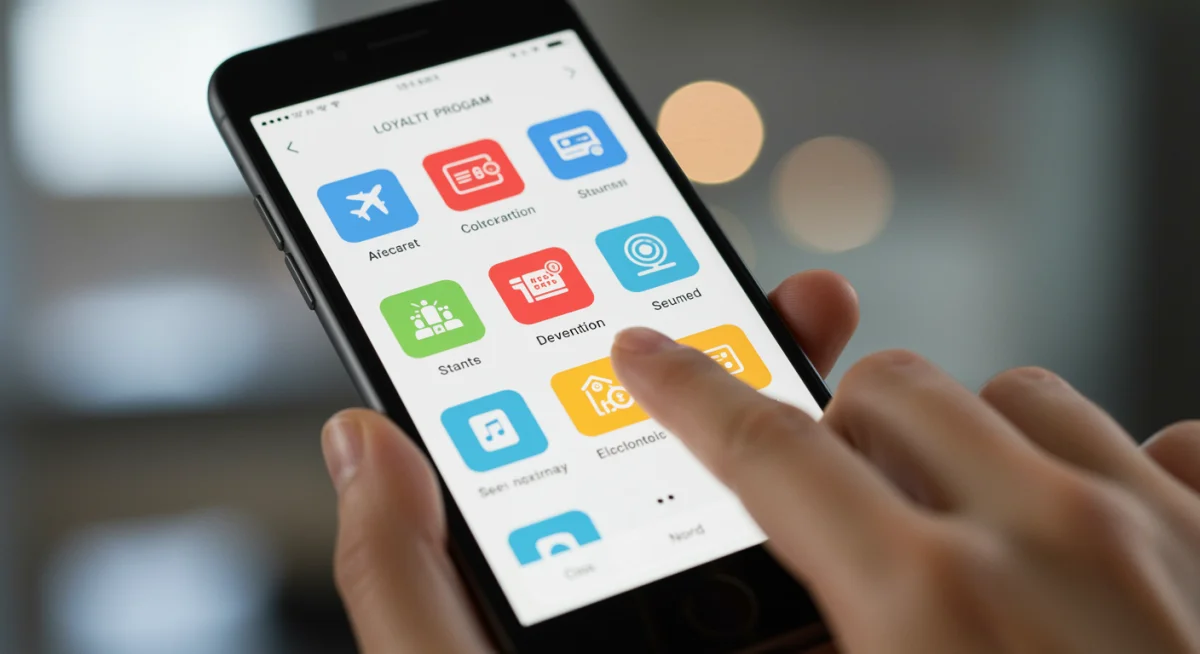 Tela de smartphone mostrando um aplicativo de programa de recompensas com opções de resgate de pontos, como voos e produtos.