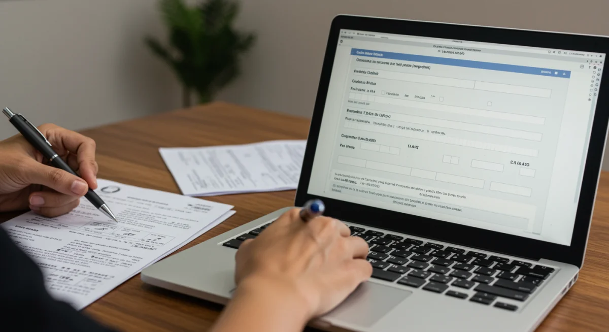 Mão preenchendo formulário digital para atualização do Cadastro Único para benefícios sociais.