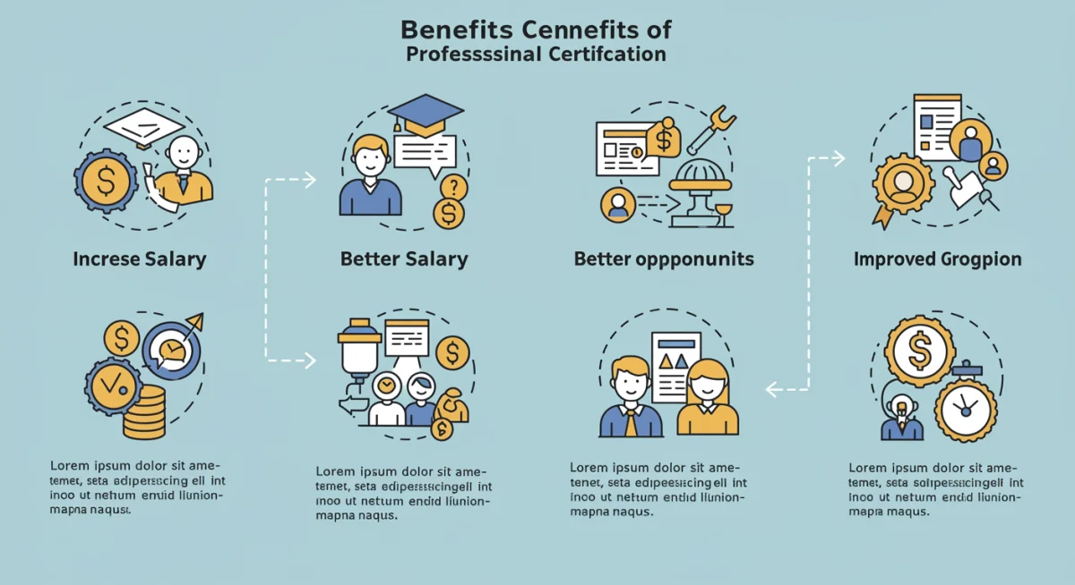 Infográfico detalhando os benefícios da certificação profissional, como aumento salarial e melhores oportunidades de emprego.