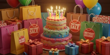Bolo de aniversário com velas, presentes e sacolas de compras, simbolizando cupons e descontos de aniversário.