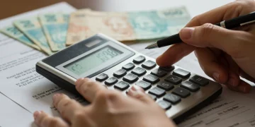 Mãos segurando calculadora com notas de dinheiro e documentos do INSS ao fundo, simbolizando o cálculo da revisão da vida toda.