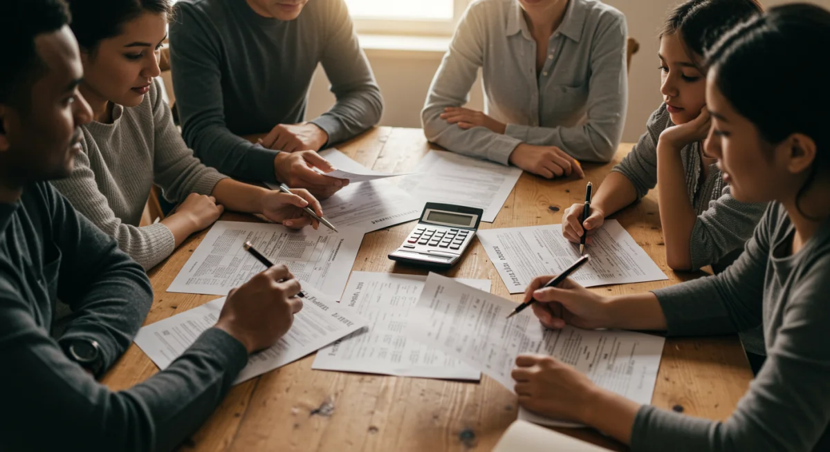 Família calculando renda per capita para benefícios sociais
