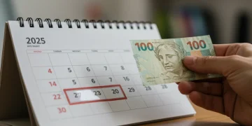 Calendário PIS/PASEP 2025 com datas destacadas e mão segurando dinheiro, simbolizando o abono salarial.