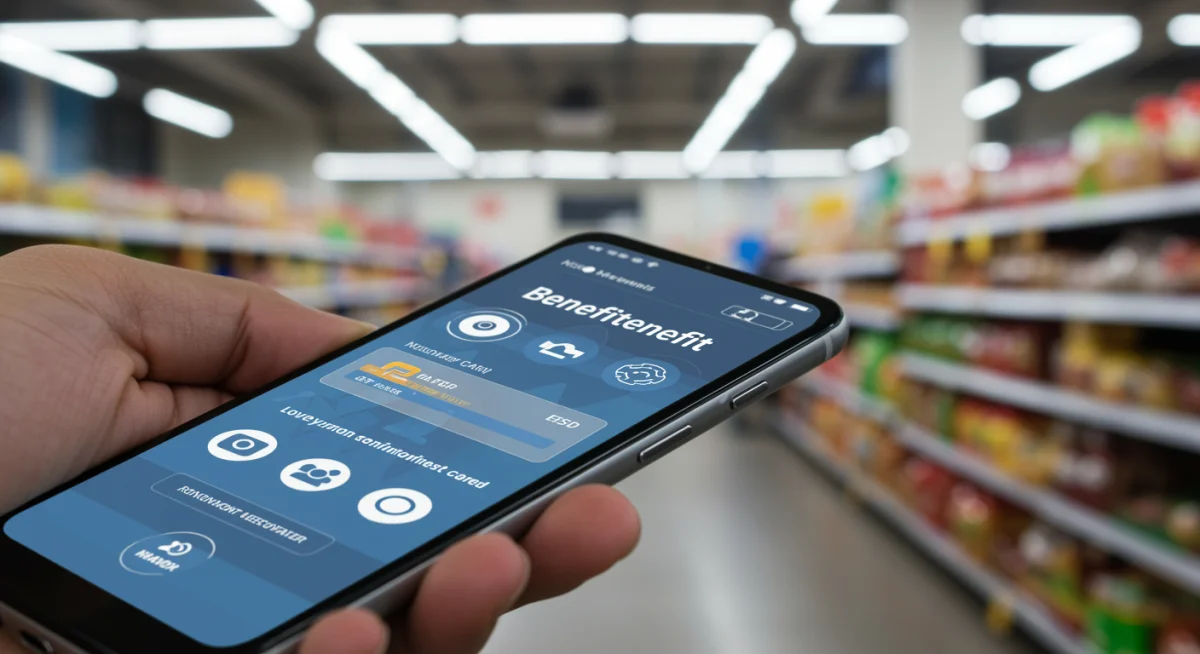 Cartão de benefício social ou aplicativo de celular com saldo, representando o recebimento do Auxílio Gás.