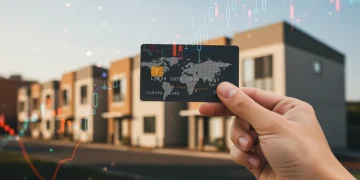 Pessoa segurando cartão de crédito com fundo de gráficos financeiros e habitação acessível
