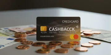 Cartão de crédito moderno com logo de cashback, moedas e notas espalhadas sobre uma mesa.