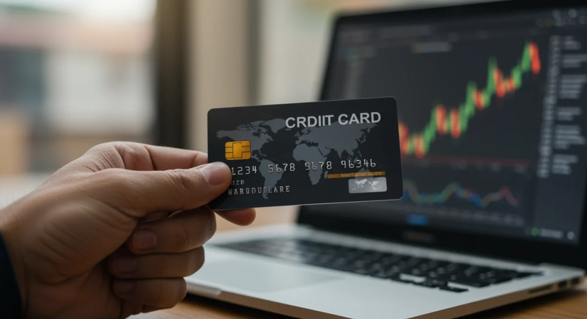 Mão segurando um cartão de crédito moderno com dashboard financeiro ao fundo