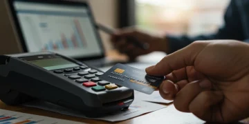 Cartão de crédito sendo inserido em maquininha de pagamento, com fatura digital ao fundo, simbolizando o parcelamento de dívidas.