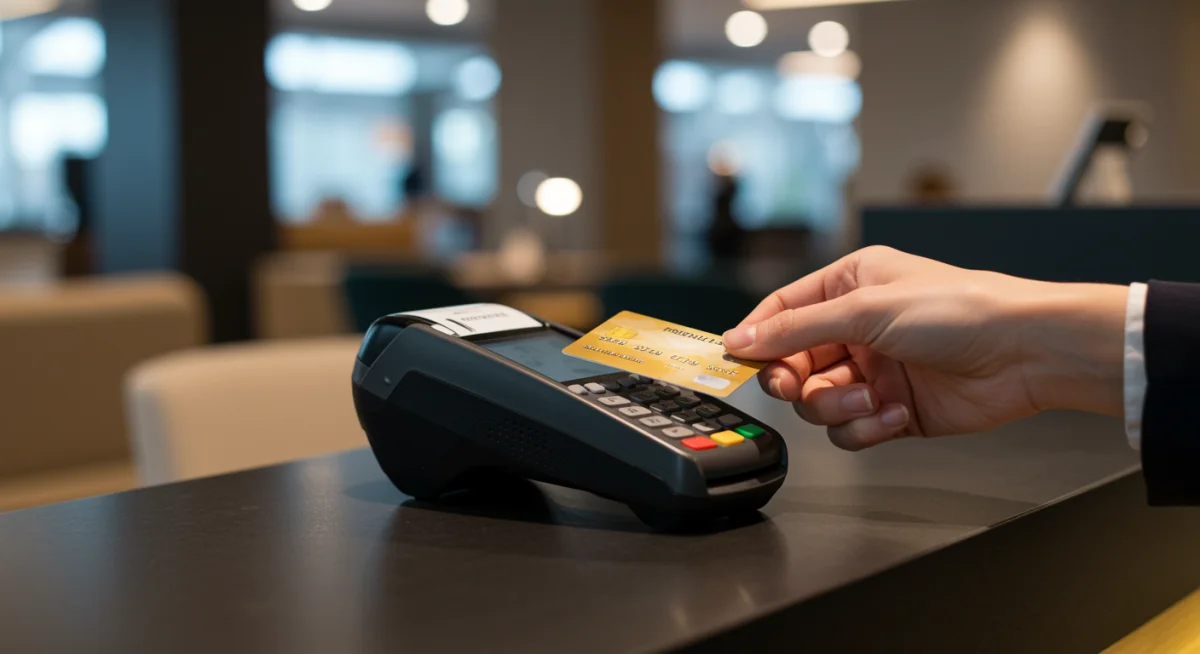 Mão segurando um cartão de crédito premium, realizando check-in em uma sala VIP de aeroporto.