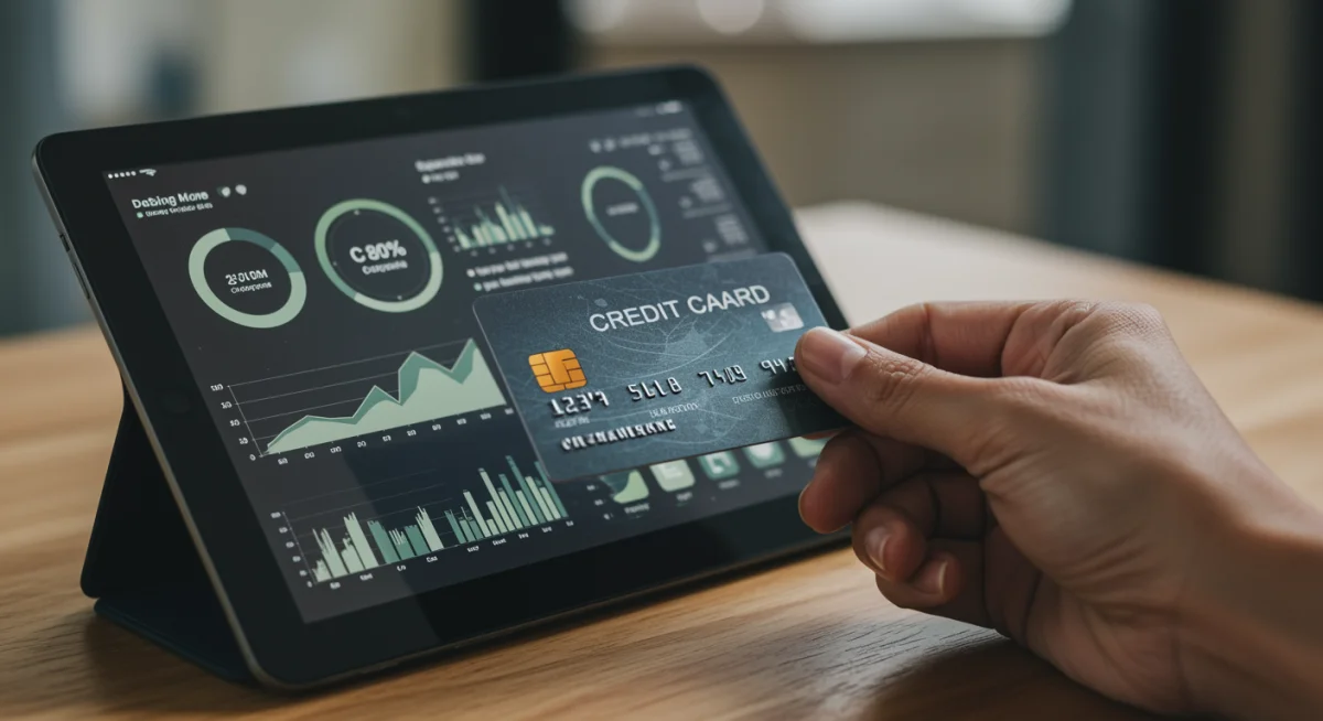 Mão segurando cartão de crédito, com tela mostrando dados de pegada de carbono e recompensas ecológicas.