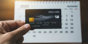 Mão segurando cartão de crédito com calendário de 2025 ao fundo, simbolizando novas regras financeiras.