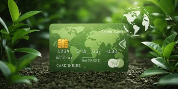 Cartão de crédito sustentável com folhas verdes e símbolo de globo, representando finanças com impacto ambiental.
