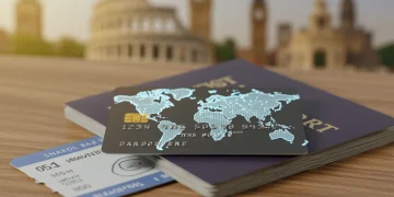 Cartão de crédito com mapa-múndi sobre passaporte e passagem aérea, simbolizando viagens internacionais e benefícios financeiros.