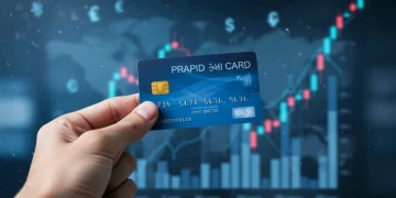 Mão segurando um cartão de crédito pré-pago moderno, com gráficos financeiros ao fundo, simbolizando controle e gestão inteligente de gastos.