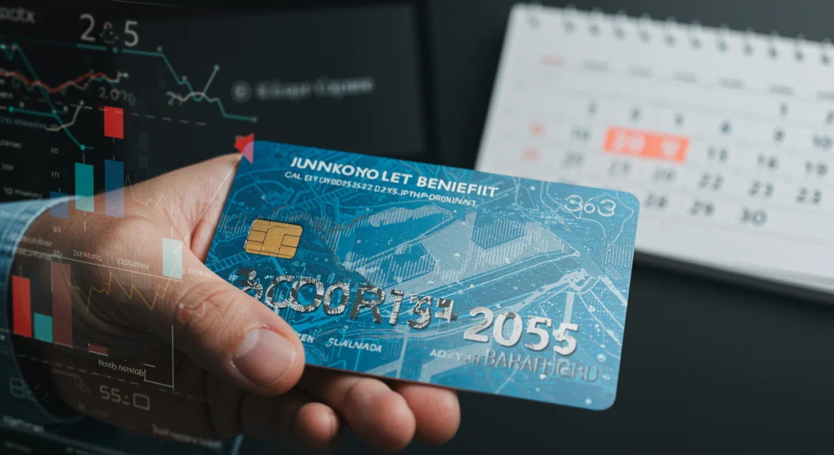 Cartão de benefício do Seguro-Desemprego 2025 com gráficos econômicos e calendário.