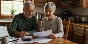 Casal de idosos analisando documentos financeiros e a nova tabela de Imposto de Renda 2025.