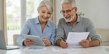 Casal idoso sorrindo enquanto analisa documentos de planejamento para aposentadoria por idade em 2025.