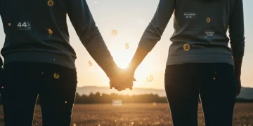 Casal de mãos dadas olhando para o horizonte, simbolizando segurança e planejamento financeiro com a pensão por morte.