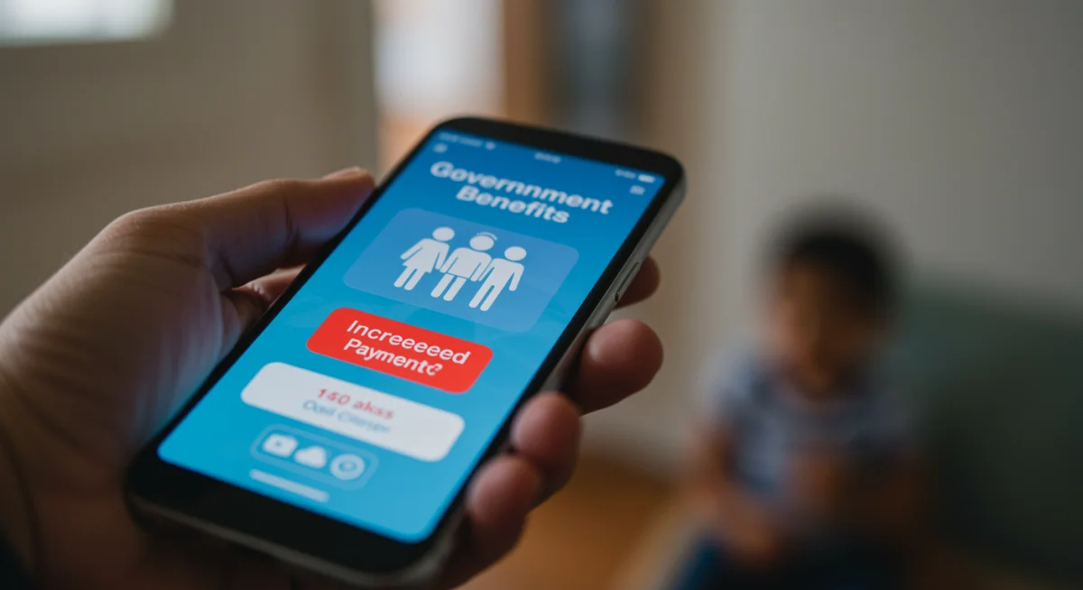 Mão segurando um smartphone com aplicativo de benefício social, mostrando notificação de aumento de pagamento do Auxílio Brasil.