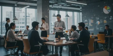 Mercado de Trabalho Pós-Pandemia: Análise e Oportunidades 2025 no Brasil Profissionais colaborando em um ambiente de trabalho moderno, simbolizando o mercado de trabalho pós-pandemia e suas adaptações.