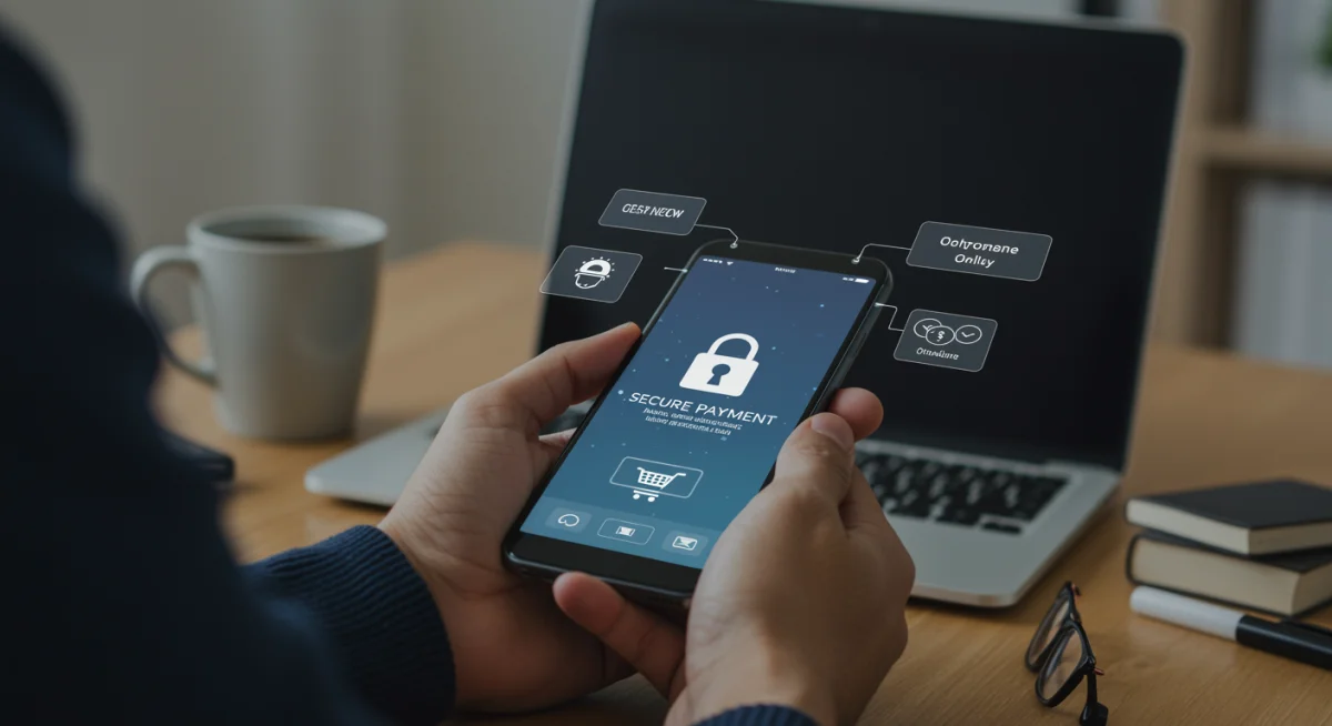 Pessoa realizando uma compra online segura em um smartphone, com foco na interface de pagamento protegida.