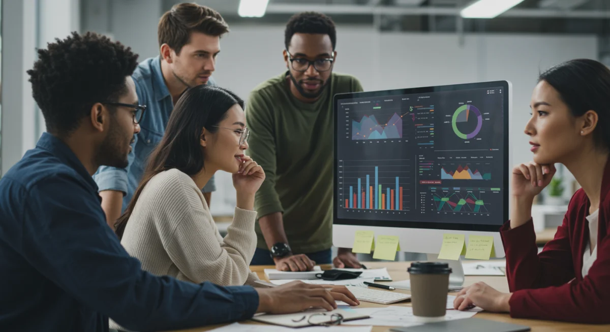 Pessoas analisando dados financeiros em um computador, representando a consulta de informações sobre o PIS/PASEP.