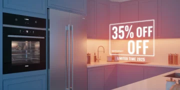 Cozinha moderna com eletrodomésticos grandes em promoção de 35% de desconto