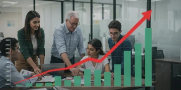 Gráficos de crescimento salarial e profissionais satisfeitos em um escritório moderno no Brasil.