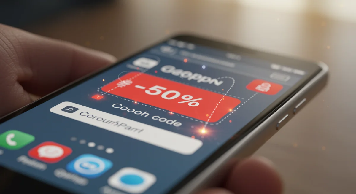 Tela de smartphone mostrando um cupom de desconto aplicado automaticamente em um aplicativo de compras, simbolizando economia e praticidade.