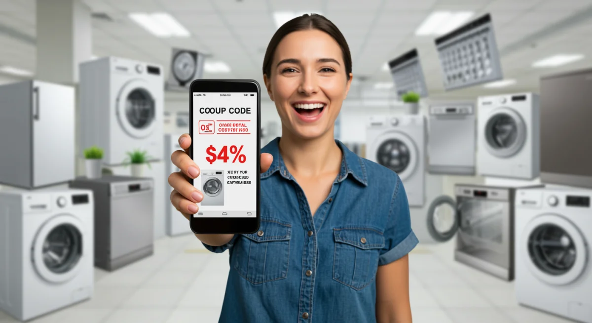Pessoa usando cupom de desconto em eletrodoméstico grande no celular