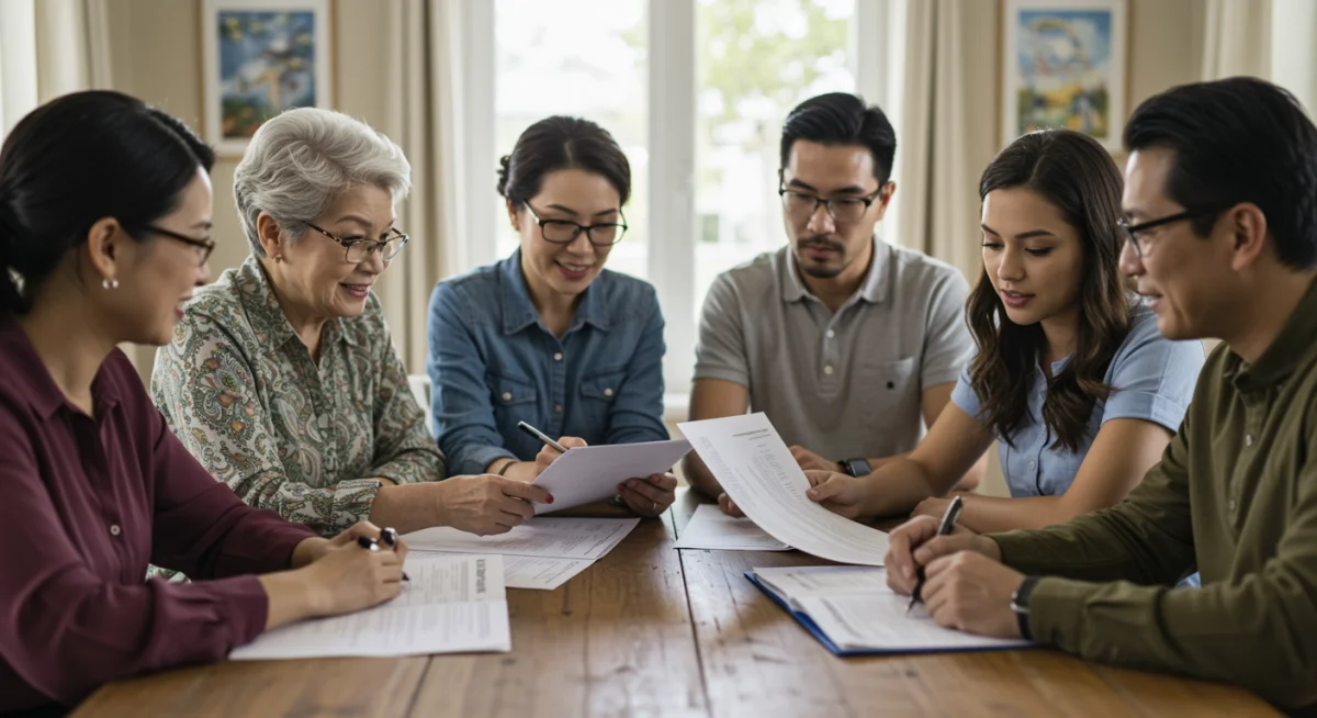 Família reunida em torno de uma mesa, analisando documentos, representando dependentes da pensão por morte.