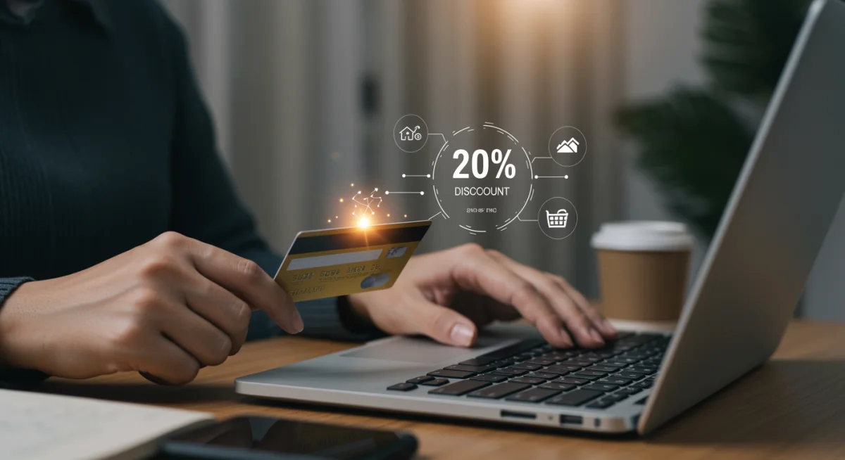 Mão digitando código de cupom em laptop para obter 20% de desconto em compra online.