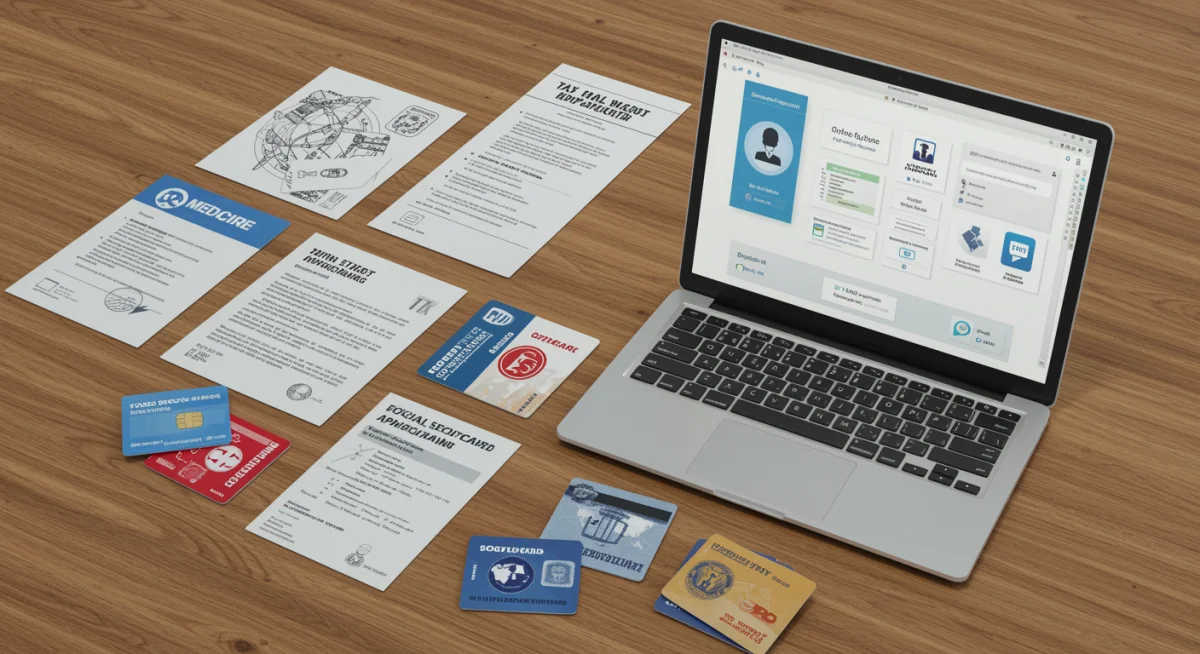 Documentos e cartões de benefícios sociais sobre uma mesa, com um laptop exibindo portal governamental seguro.