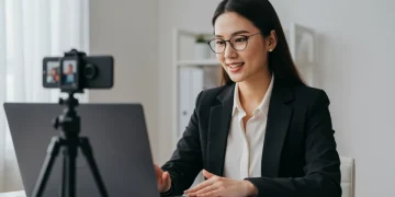 Mulher profissional em entrevista de emprego online em 2025, com cenário organizado e confiante.