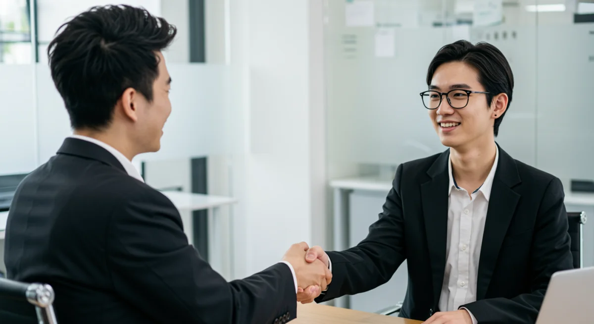 Jovem apertando a mão de um recrutador após uma entrevista de emprego bem-sucedida, simbolizando a conquista do primeiro emprego.