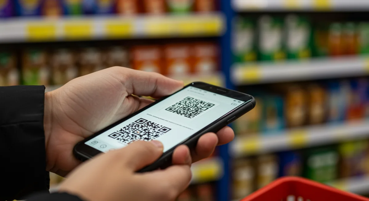 Mão escaneando código QR de cupom digital em embalagem de produto no supermercado.