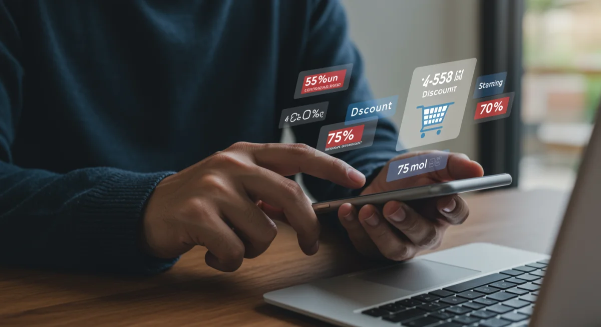 Pessoa analisando cupons de desconto em um smartphone para comprar tecnologia, mostrando estratégia de economia.