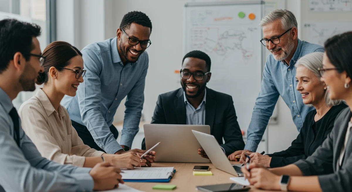Grupo de profissionais discutindo estratégias de adaptação de carreira e desenvolvimento de novas habilidades em um ambiente de trabalho colaborativo.