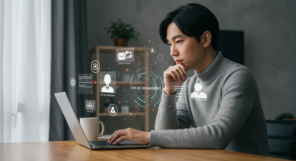Pessoa focada em laptop, planejando estratégias de networking em seu escritório doméstico.